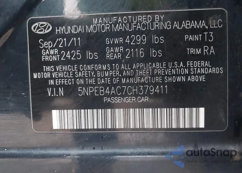 2012 Hyundai Sonata Gls из США, поврежденный, VIN 5NPEB4AC7CH379411